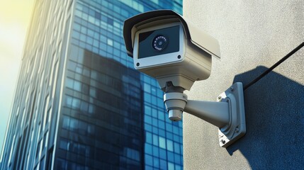 Cctv camera in downtown video surveillance system street camera near skyscraper video surveillance to ensure order skyscrapers under sunny sky cctv technologies surveillance camera on wall