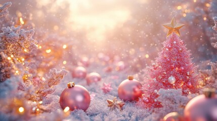 Fototapeta premium Pink Christmas, cartoon painting composed of Christmas elements such as stars, Christmas trees, glass balls, etc.
