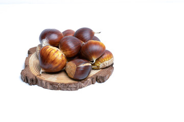 fresh seasonal chestnuts harvested in the field in a on a slice of wood isolated on a white background and copy space
