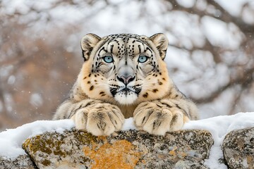 Fototapeta premium Snow leopard resting on a snowy ledge.