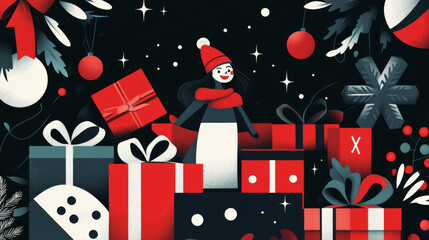 Festive illustration featuring cheerful character surrounded by colorful Christmas gifts, ornaments, and winter elements, creating joyful holiday atmosphere