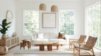 A bright and airy living room featuring cozy sofa, wooden furniture, and natural decor elements. large windows allow sunlight to fill space, creating warm and inviting atmosphere