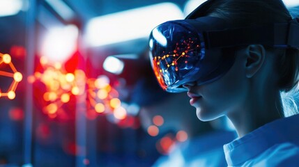 A woman experiences virtual reality, immersed in a futuristic environment, showcasing advanced technology and innovation.