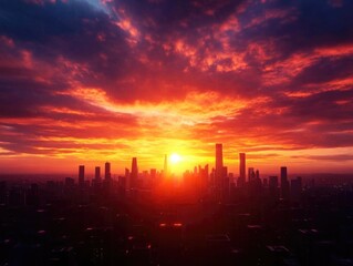 Stunning sunset over a city skyline, showcasing vibrant colors and dramatic clouds. Perfect for urban and nature themes.