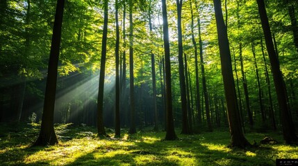 Obraz premium A serene forest scene with sunlight filtering through green leaves, creating a peaceful atmosphere for nature lovers.