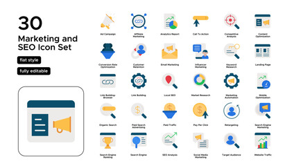 Marketing and SEO Flat Icon Set: Search Optimization, Analytics, Content Marketing, and Strategy Icons