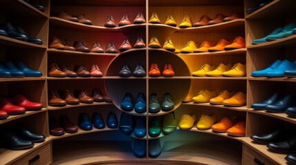 Shoes arranged in a color wheel formation in an elegant boutique, from casual sneakers to high-end heels, emphasizing texture and design