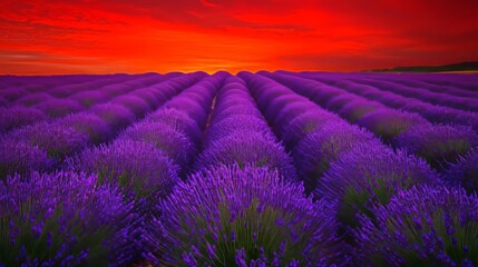 Obraz premium Blooming lavender field under the red colors of the summer sunset