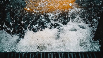 A storm drain grate captures rushing water during a storm, with splashes and swirling debris symbolizing urban stormwater management.