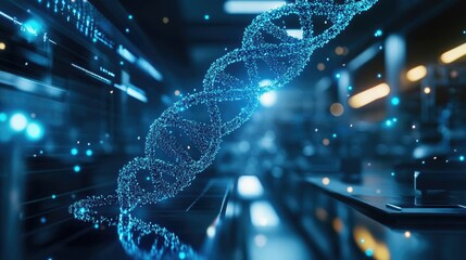 Futuristic visualization of a DNA strand composed of glowing particles, symbolizing advanced genetic research and biotechnology.