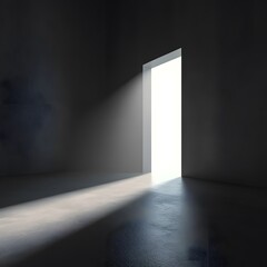 3D render of light shining through an open door into a dark room filling the space with bright white light