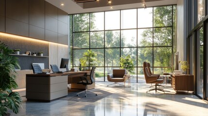 Obraz premium A contemporary office with a large window, elegant modern furniture, and a bright, open atmosphere, symbolizing luxury and productivity