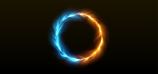 Spin yellow and blue fire ring with neon glowing tongues of flame and sparks for VS competition banner. Realistic 3d vector versus battle element - round fiery cold and hot frame with light effect.