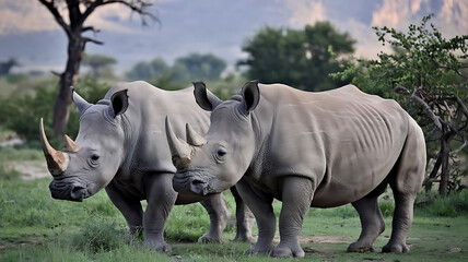 Two white rhinoceroses are standing in a grassy area with a blurred background, revealing a few trees and a mountain in the distance.