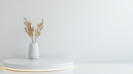 A minimalist arrangement featuring white vase with dried grass on circular platform against light background creates serene and modern atmosphere