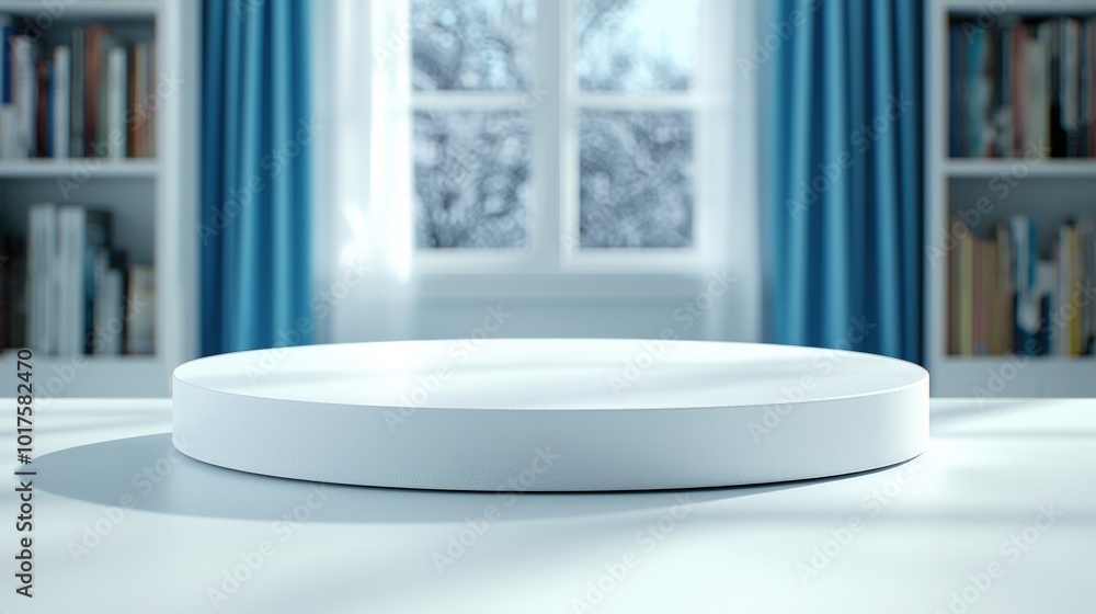 Poster white circular podium on table for product presentation with blurred window and bookshelf