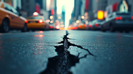 A crack in the pavement of a city street, with cars blurred in the background.