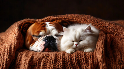 Dog and cat sleeping together in a cozy blanket, warm and peaceful setting.
