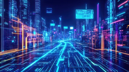 A futuristic cityscape with neon lights and digital elements, evoking a cyberpunk aesthetic.