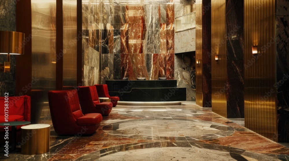 Poster Elegant Lobby with Marble and Modern Seating