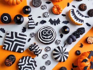 Fototapeta premium Halloween Party Decorations and Seasonal Treats Flat Lay