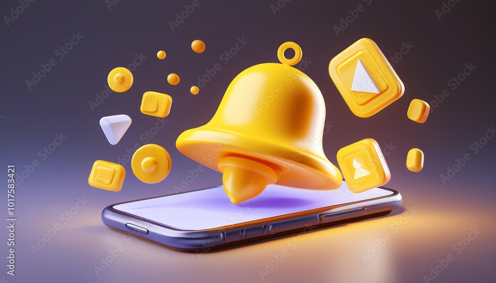 Poster a vibrant illustration of a smartphone displaying a large, golden notification bell with colorful ic