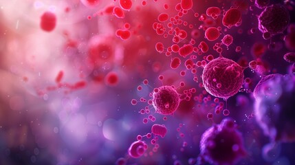  Immerse yourself in the realm of microbiology with a mesmerizing digital art visualization depicting red and purple bacterial cells in dynamic motion. 
