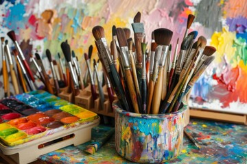 Colorful Paint Brushes and Supplies in an Artist's Studio