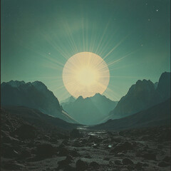 photo of a psychedelic background half moon half sun with beams of light, mountains and hills, nature landscape - obrazy, fototapety, plakaty