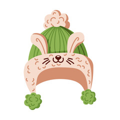 Knitted winter hat with bunny ears and pompoms flat color vector object. Cute accessory for children illustration on white background
