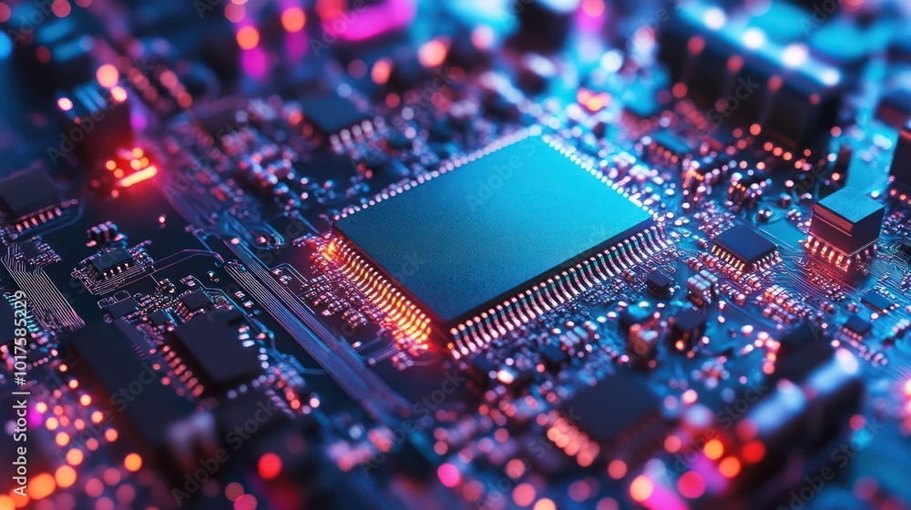 Poster close-up view of advanced circuit board: technology background with digital chips