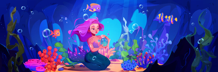 Cute fairy mermaid sit on sea or ocean bottom with bubble in hand. Cartoon vector illustration of underwater landscape with bright tropical corals and seaweeds, fishes and girl with tail and long hair