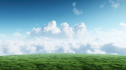 Obraz premium Green Grass Meadow with Blue Sky and Puffy Clouds Nature Landscape Background