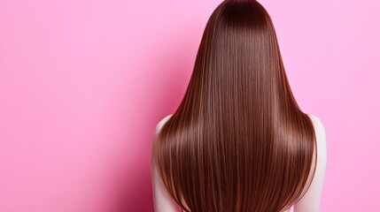 Fototapeta premium Back view of Beautiful Long Straight Brown Hair With Pink Background,