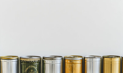 A row of six aluminum cans in different colors and designs against a white background, leaving plenty of copy space above.