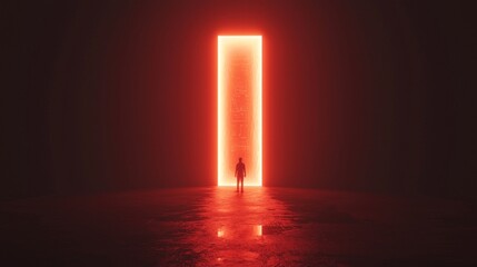 Digital Key Portal: A Ray Tracing Realistic 3D Illustration with Character Facing Unknown Realm Beyond, Cinematic Lighting