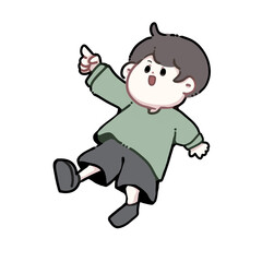 指をさしながら飛んでいる男の子