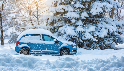Car covered with snow outdoors. Space for text