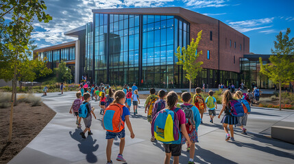 A group of children walk toward a modern school building and new beginnings