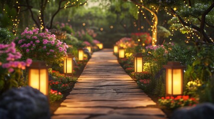 Fototapeta premium Illuminated Garden Path: Stone Walkway with Fairy Lights