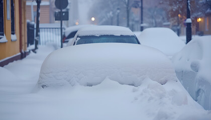 Car covered with snow outdoors. Space for text