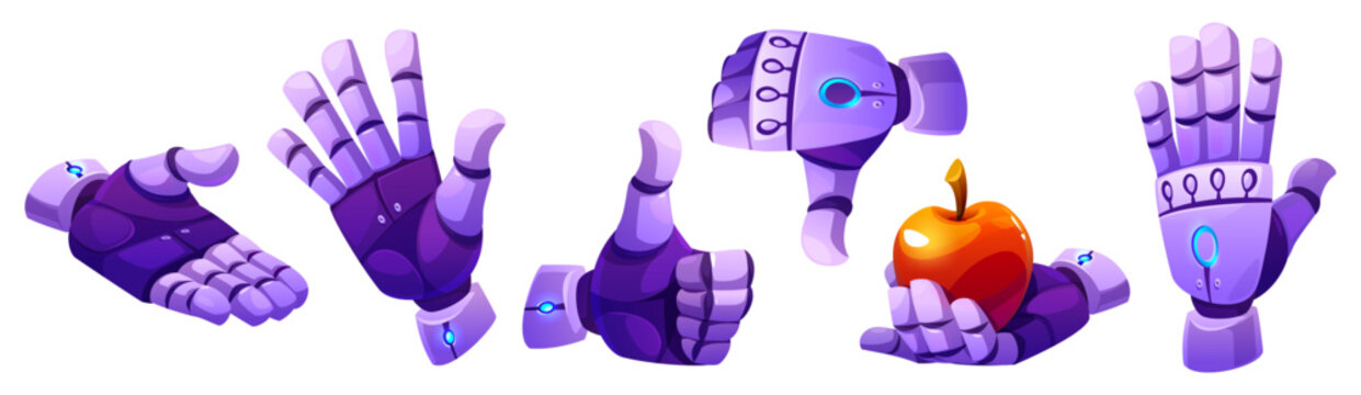 Android robot hand in different gestures and positions - waving and stretching for give help, thumb up and down, holding red apple. Cartoon vector set of artificial intelligence humanoid bot arm.