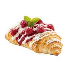 Oozing raspberry sauce over a croissant, isolated on a white background, creating a rich, fruity texture on the flaky pastry. PNG