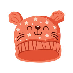 Cute knitted hat with ears and cat face flat color vector object. Winter accessory suitable for children illustration on white background