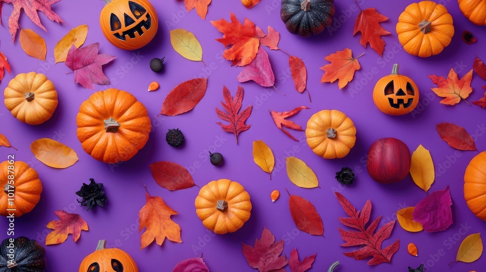 Wall mural Halloween themed flat lay with pumpkins leaves and spooky elements on purple background