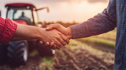 agribusiness handshake business deal agreement between businessman and farmer, purchase sell tractor farm machinery equipment, partnership cooperation collaboration in agriculture business