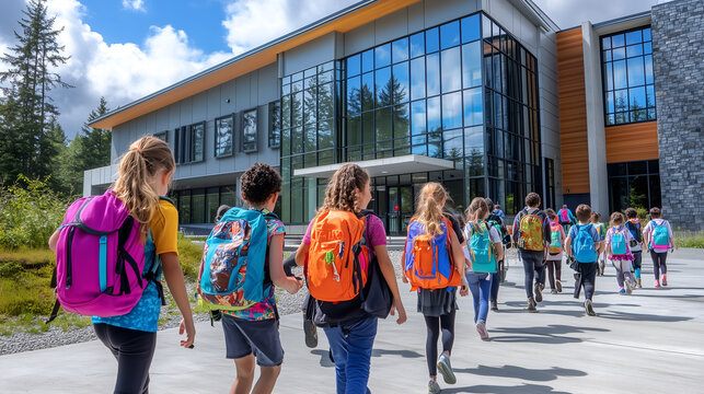 A group of children walk toward a modern school building and new beginnings