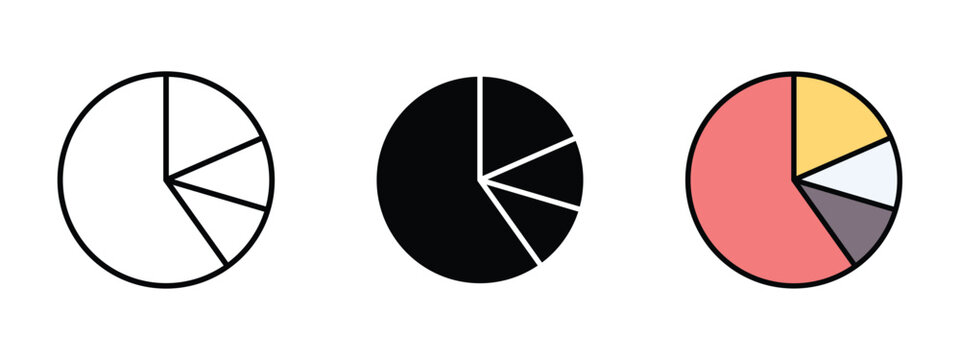 Three different colored pie charts icons are shown. The first pie chart is black and white in outline styel, second is a silhouette and last one is in editable colors, pie chart icon, 