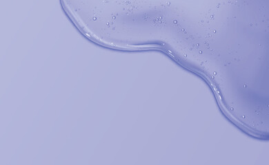 Purple pastel background with gel texture in corner for face and body care product presentation. Realistic 3d vector illustration of beauty moisture serum water or liquid cosmetic cream border.