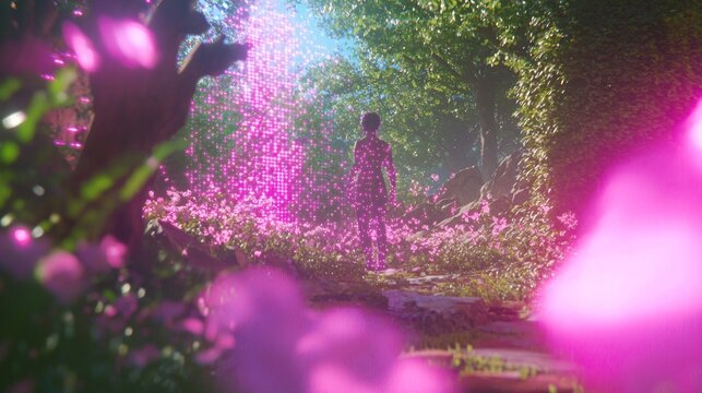 Virtual Escape Quest - Ray Tracing 3D Character in Digital Garden with Pixelated Blooming Flowers, Cinematic Lighting